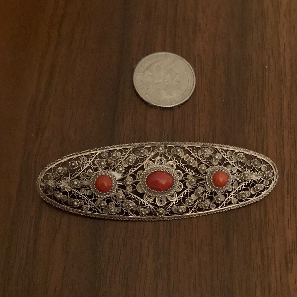 Vintage Filigree Brooch with Red Coral Stones